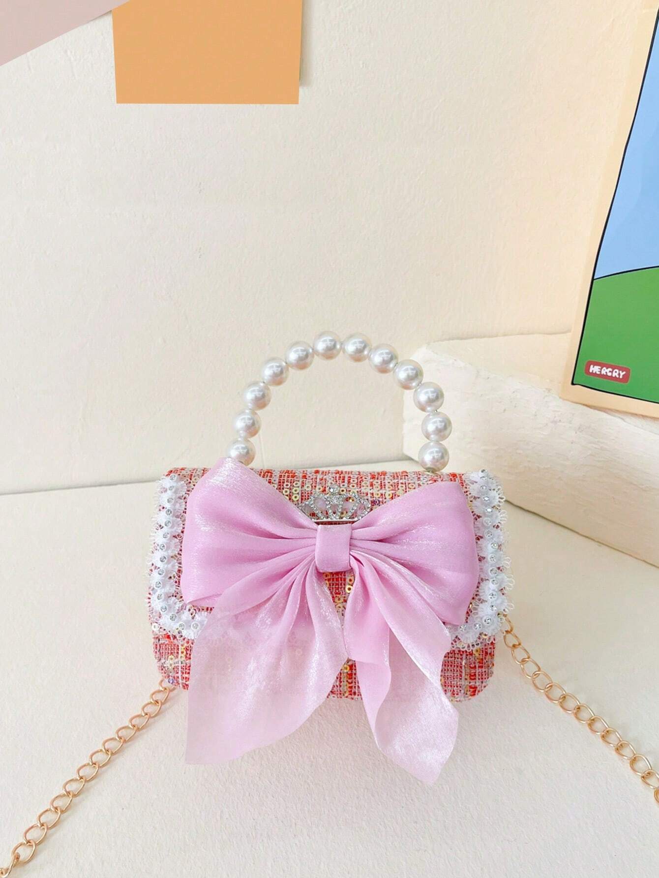New Fashion Sequined Lace Bow Decorated Girl Messenger Bag Cute Faux Pearl Chain Handbag Red