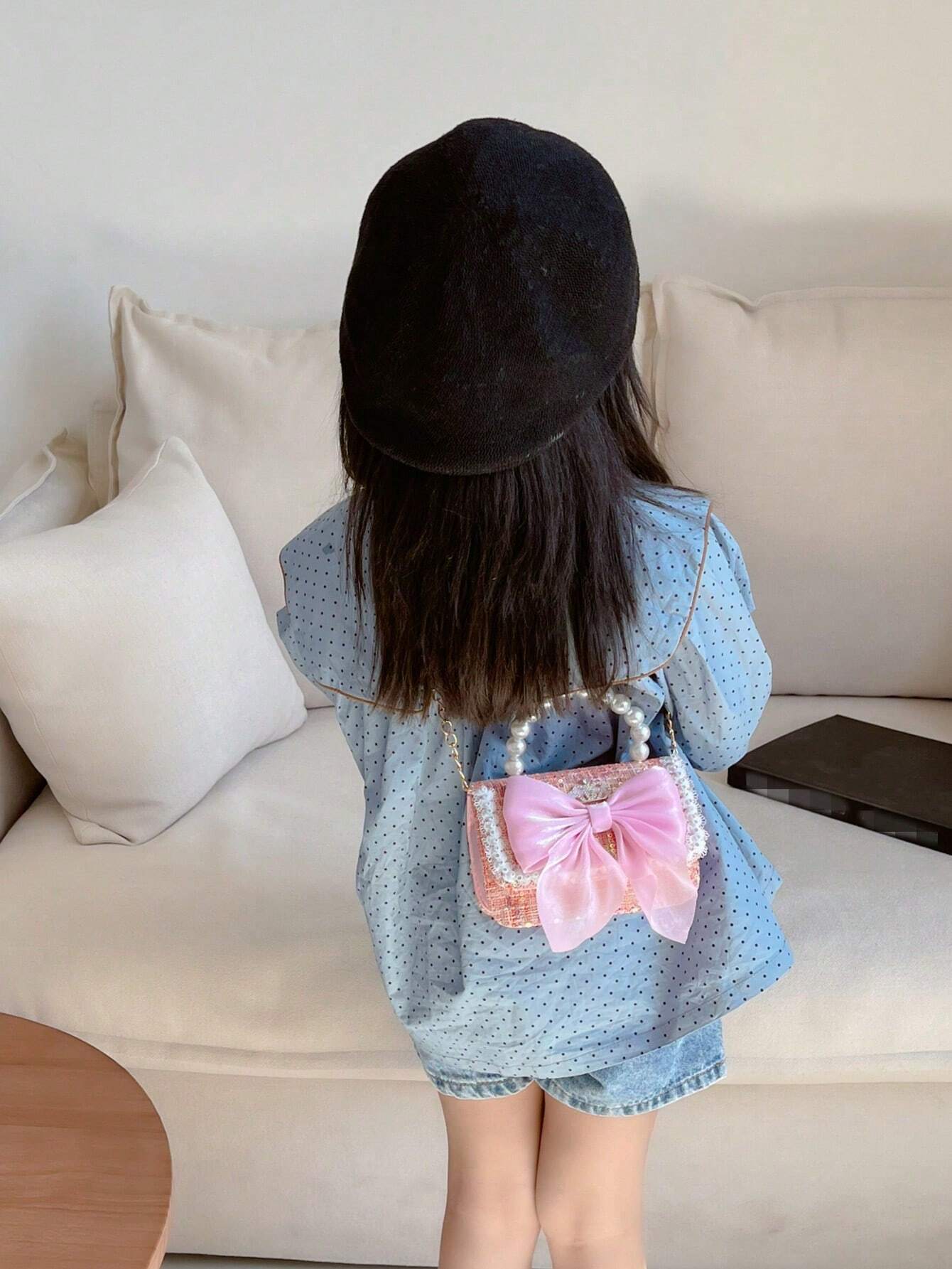 New Fashion Sequined Lace Bow Decorated Girl Messenger Bag Cute Faux Pearl Chain Handbag
