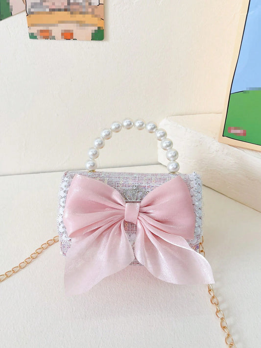 New Fashion Sequined Lace Bow Decorated Girl Messenger Bag Cute Faux Pearl Chain Handbag Pink