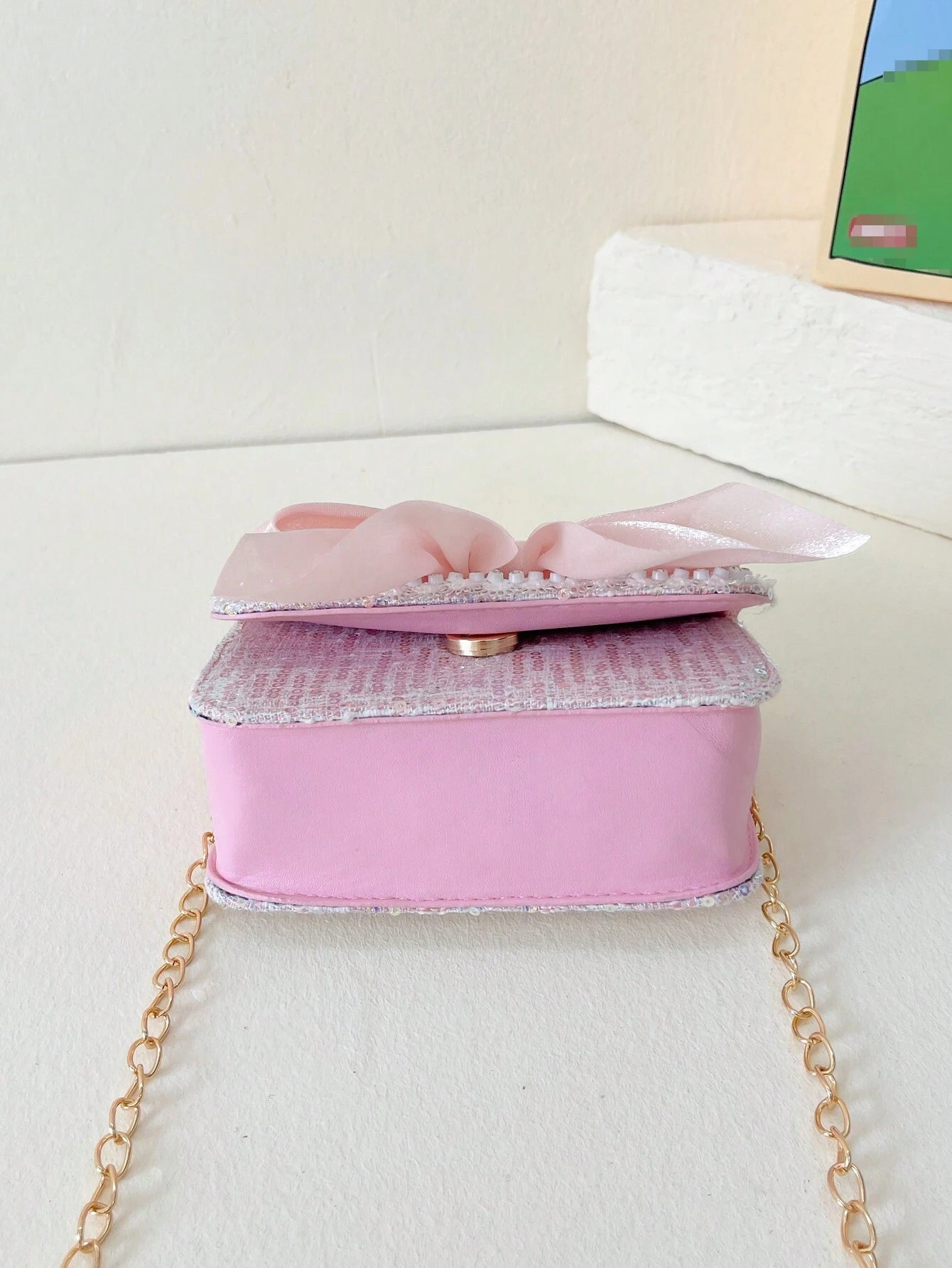 New Fashion Sequined Lace Bow Decorated Girl Messenger Bag Cute Faux Pearl Chain Handbag