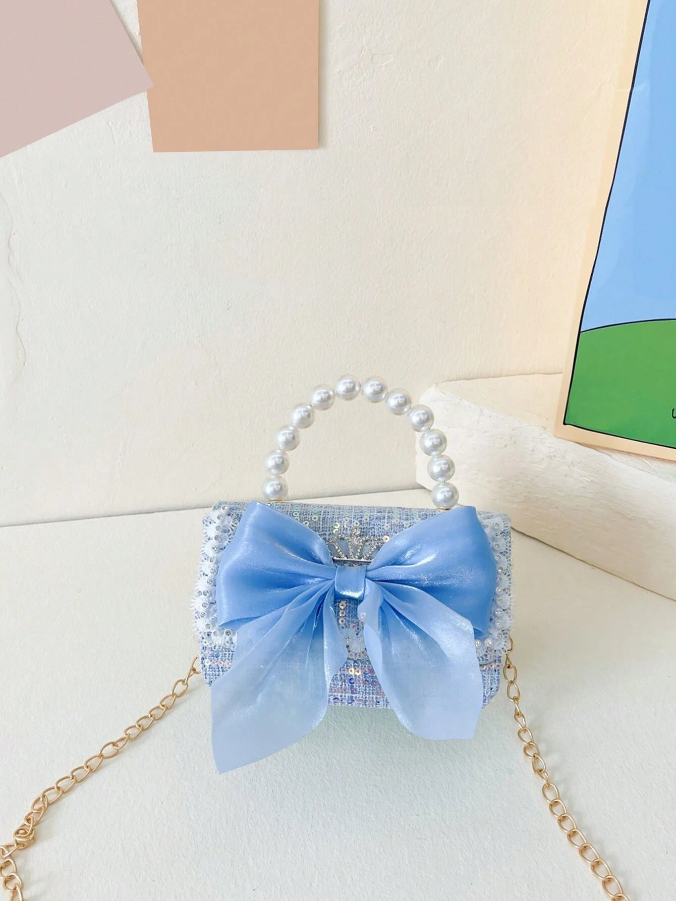 New Fashion Sequined Lace Bow Decorated Girl Messenger Bag Cute Faux Pearl Chain Handbag Blue