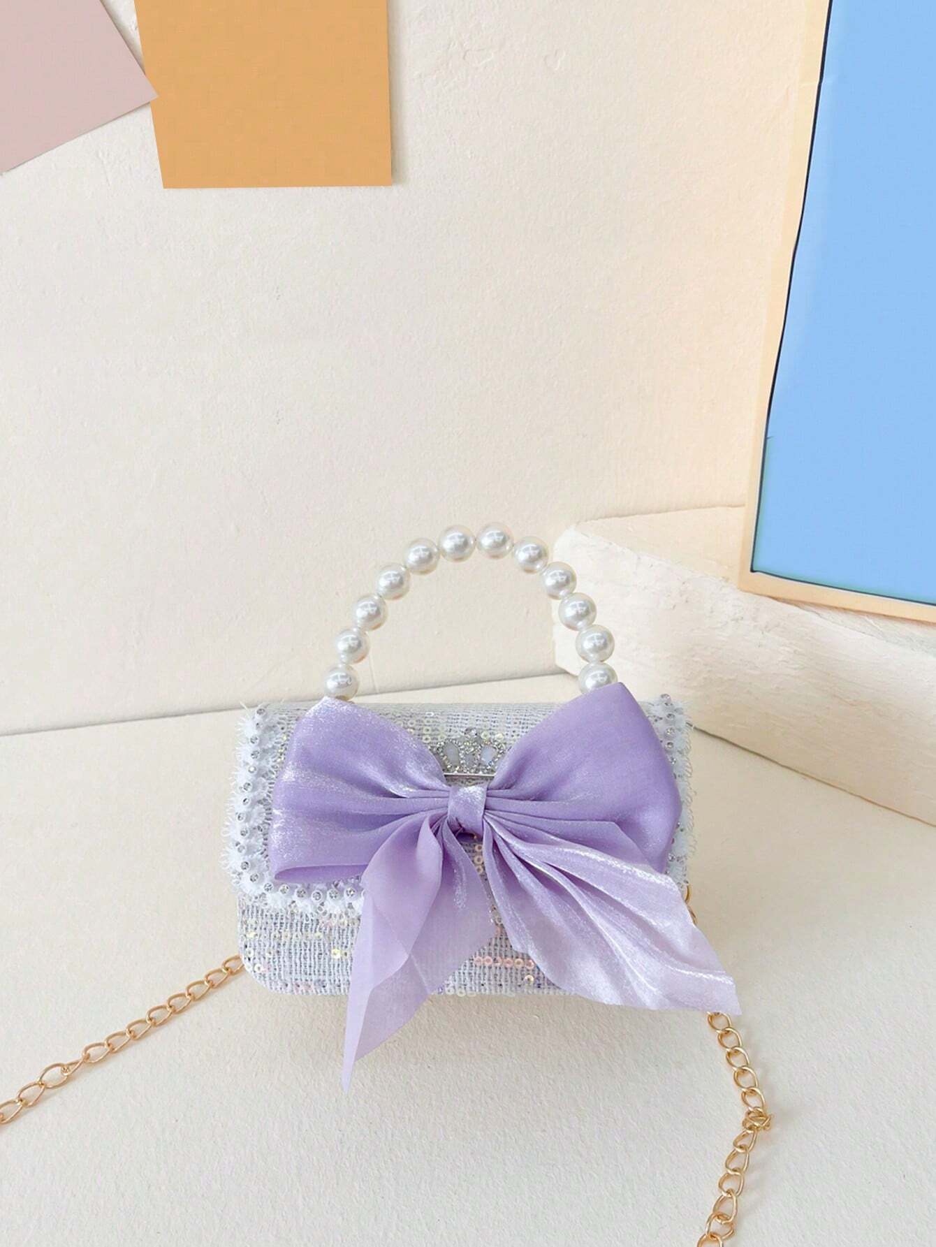 New Fashion Sequined Lace Bow Decorated Girl Messenger Bag Cute Faux Pearl Chain Handbag White