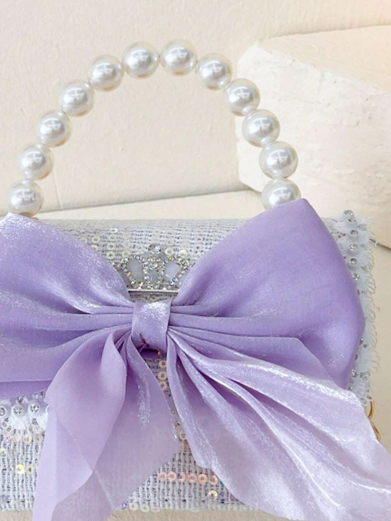 New Fashion Sequined Lace Bow Decorated Girl Messenger Bag Cute Faux Pearl Chain Handbag