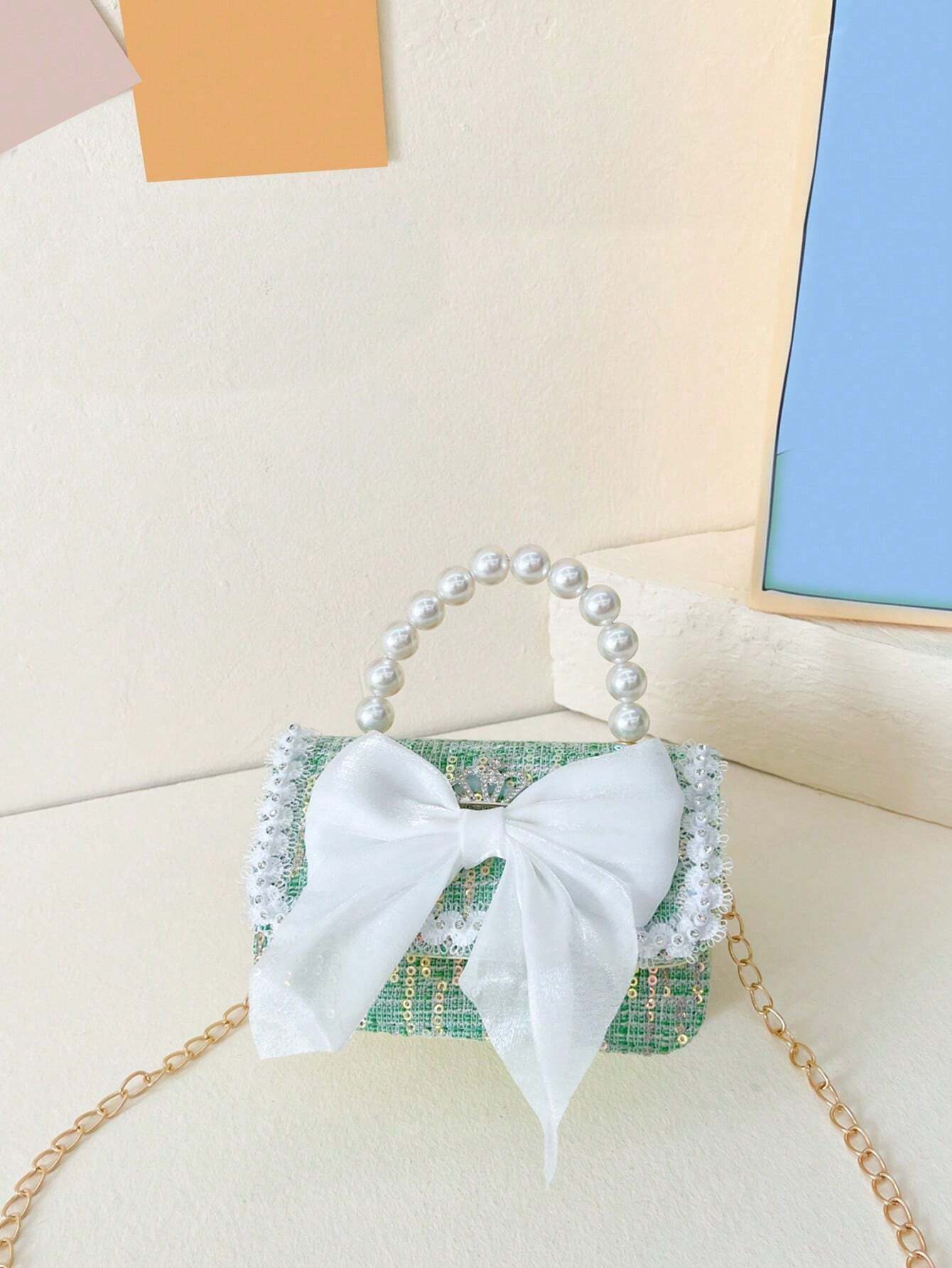 New Fashion Sequined Lace Bow Decorated Girl Messenger Bag Cute Faux Pearl Chain Handbag Green