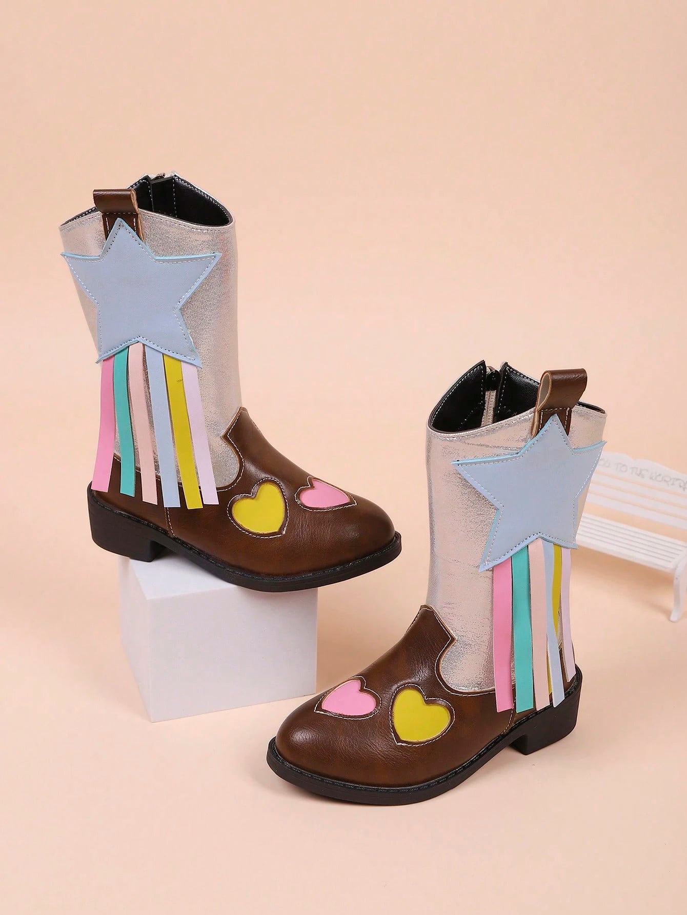 Mid-Calf Boots With Side Zipper, Heart Pattern Ribbon, Fashion Casual Boots For Girls
