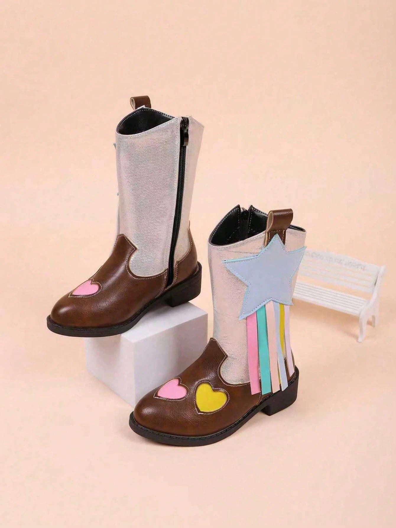 Mid-Calf Boots With Side Zipper, Heart Pattern Ribbon, Fashion Casual Boots For Girls