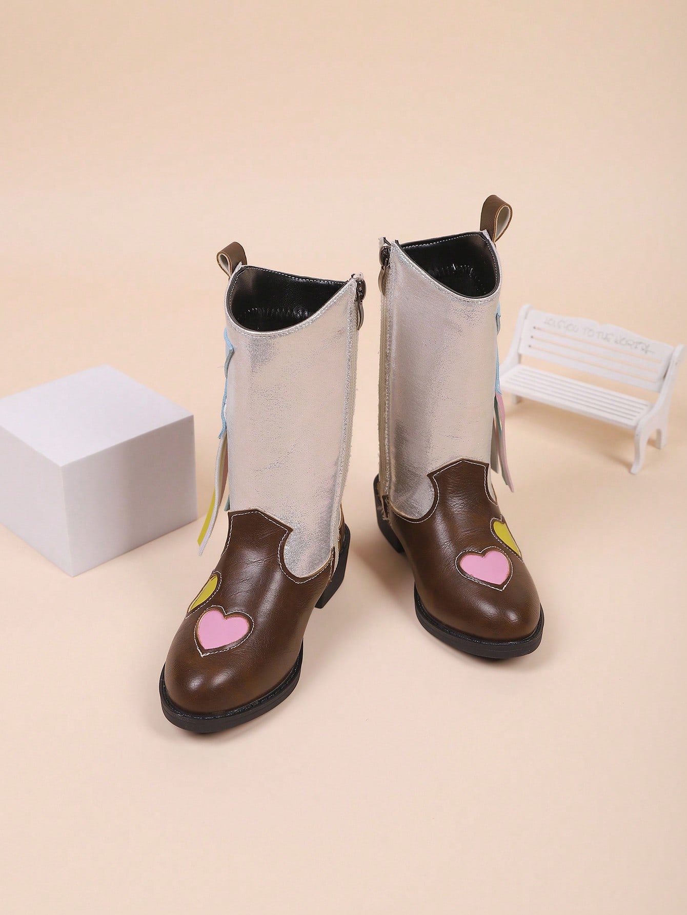 Mid-Calf Boots With Side Zipper, Heart Pattern Ribbon, Fashion Casual Boots For Girls