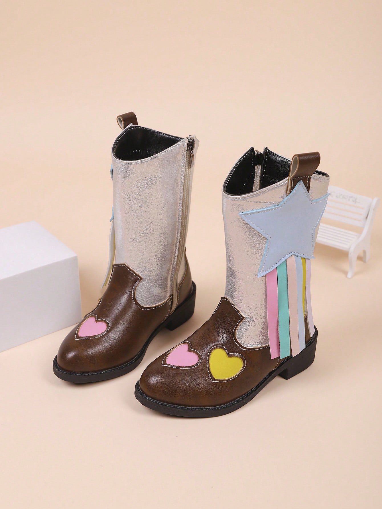 Mid-Calf Boots With Side Zipper, Heart Pattern Ribbon, Fashion Casual Boots For Girls