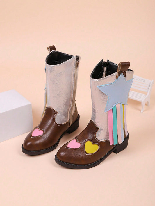 Mid-Calf Boots With Side Zipper, Heart Pattern Ribbon, Fashion Casual Boots For Girls