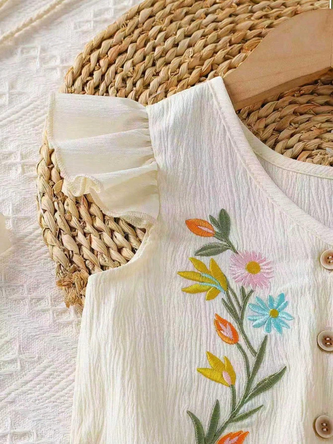 Floral Embroidery Ruffle Trim Top + Rainbow Striped Pants Outfit