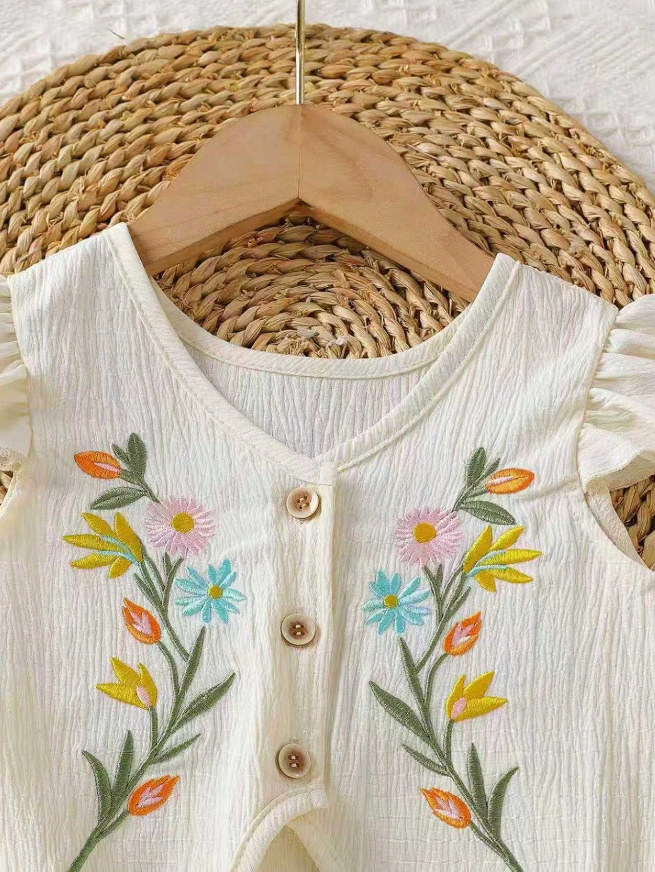 Floral Embroidery Ruffle Trim Top + Rainbow Striped Pants Outfit