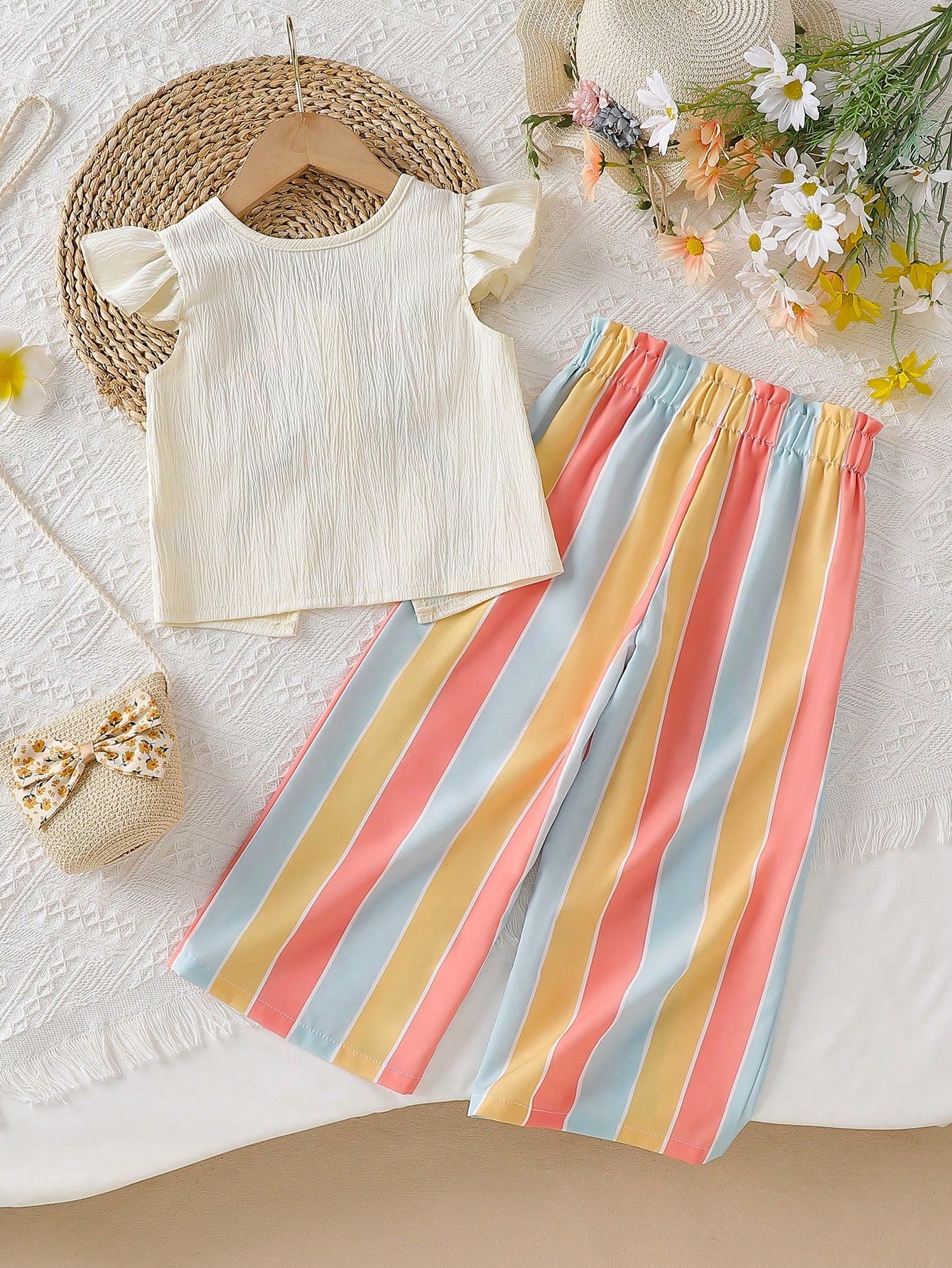 Floral Embroidery Ruffle Trim Top + Rainbow Striped Pants Outfit