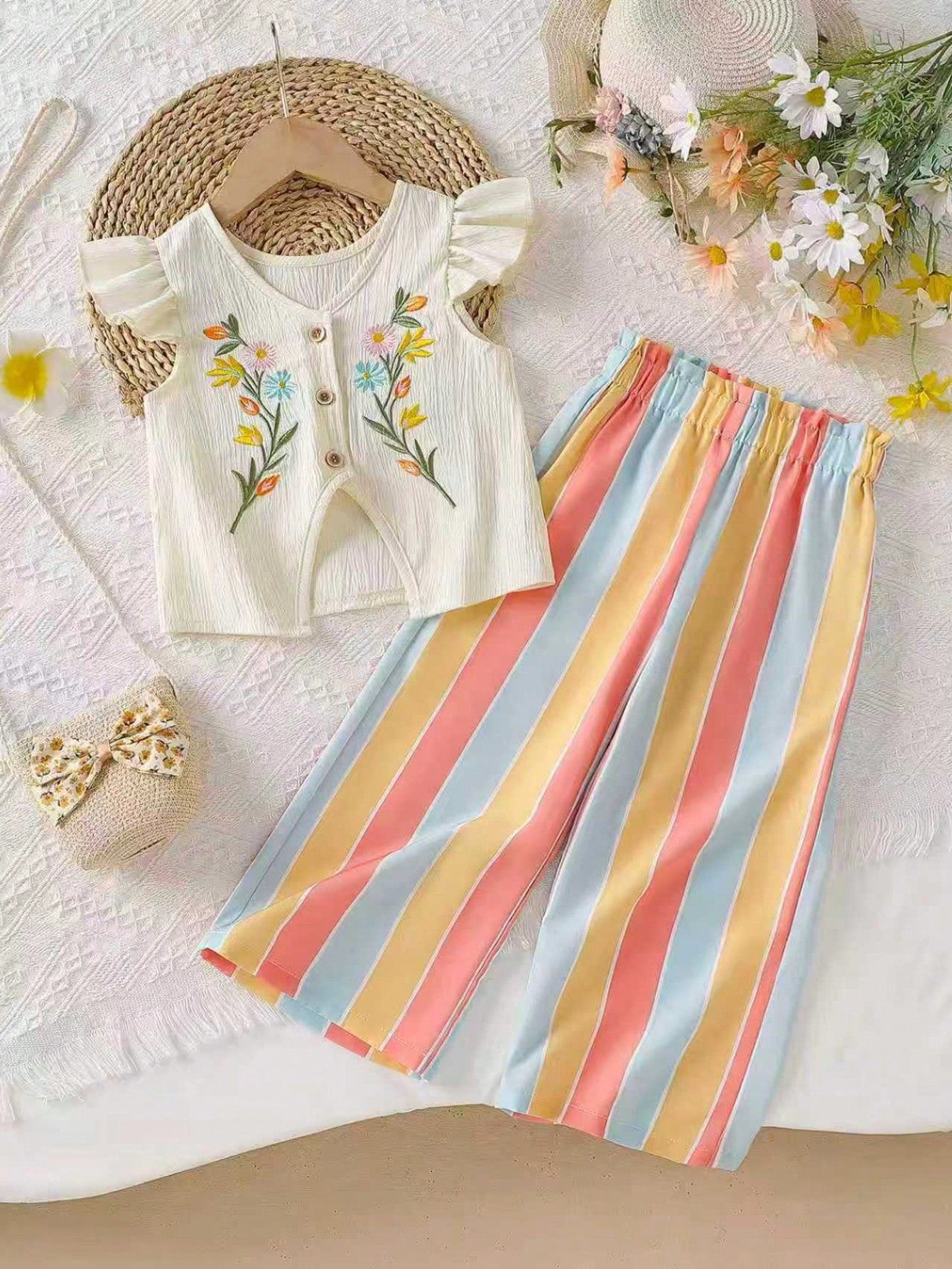 Floral Embroidery Ruffle Trim Top + Rainbow Striped Pants Outfit