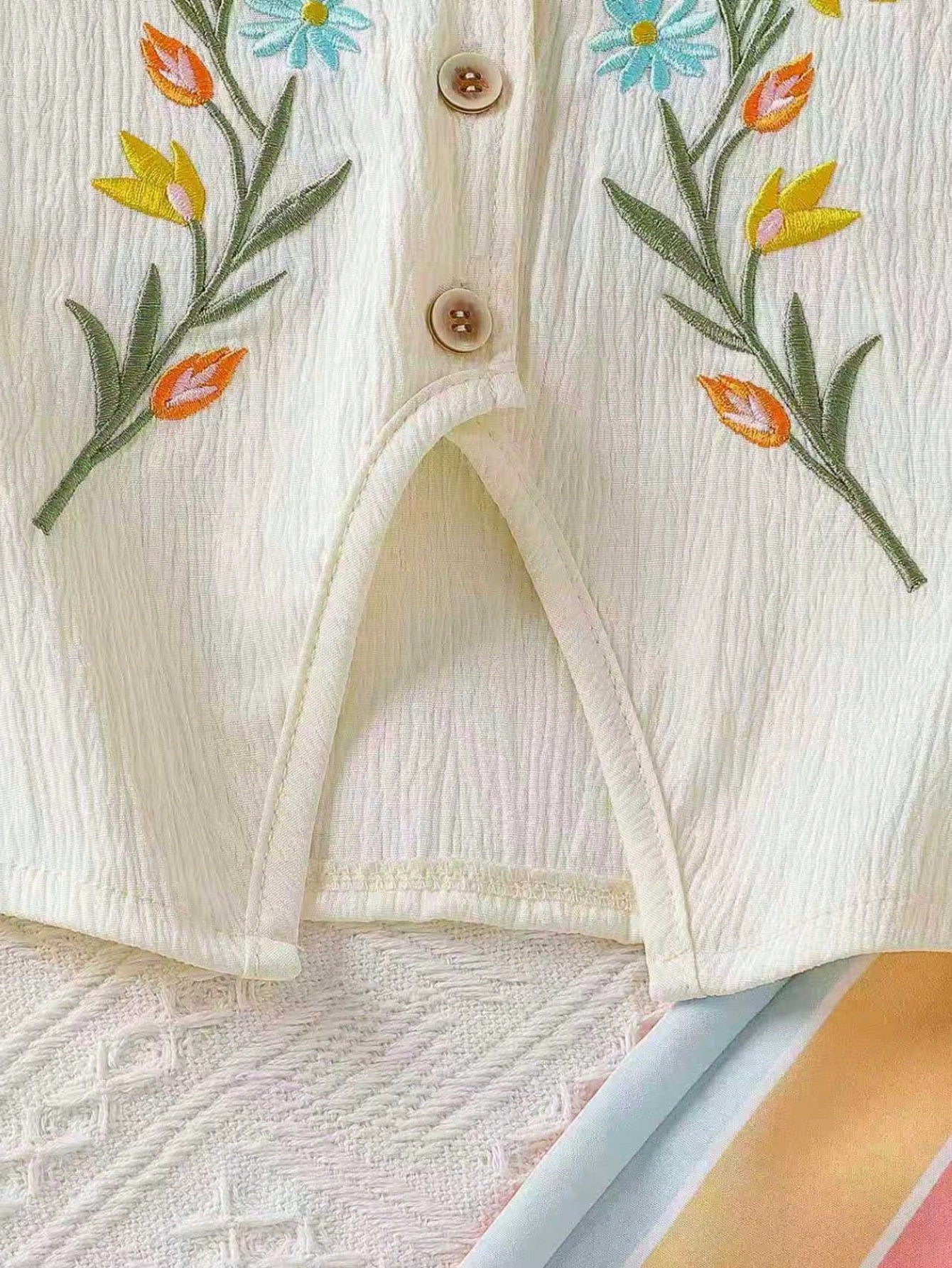 Floral Embroidery Ruffle Trim Top + Rainbow Striped Pants Outfit