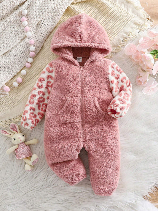 Baby Girl Cute Leopard Splice Furry Hooded Jumpsuit 2-3Y