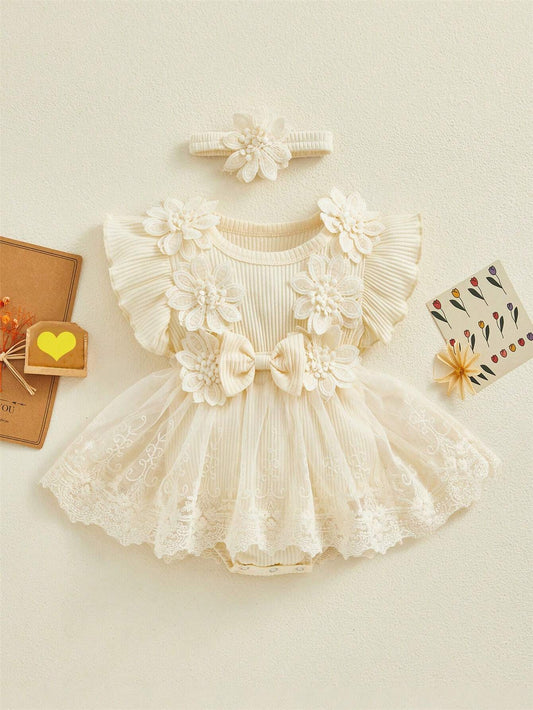 Baby Girl 3D Flower Ruffle Tutu Bodysuit Dress With Headband Sets