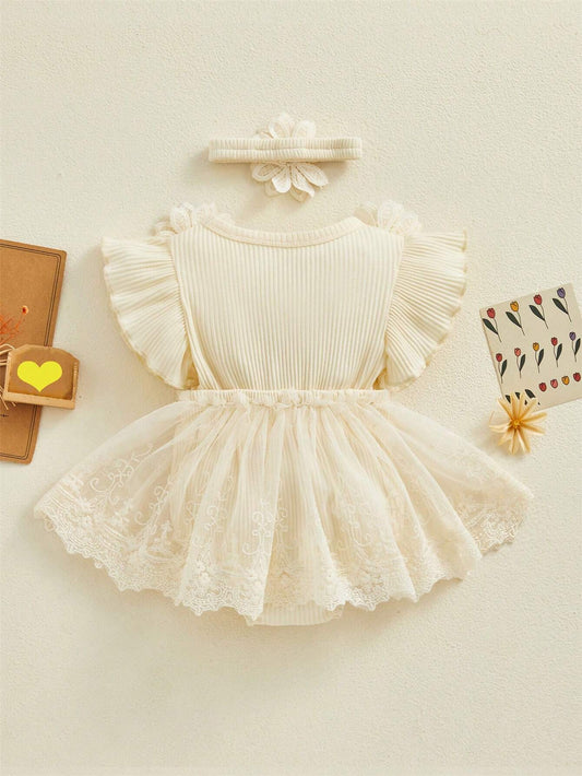 Baby Girl 3D Flower Ruffle Tutu Bodysuit Dress With Headband Sets
