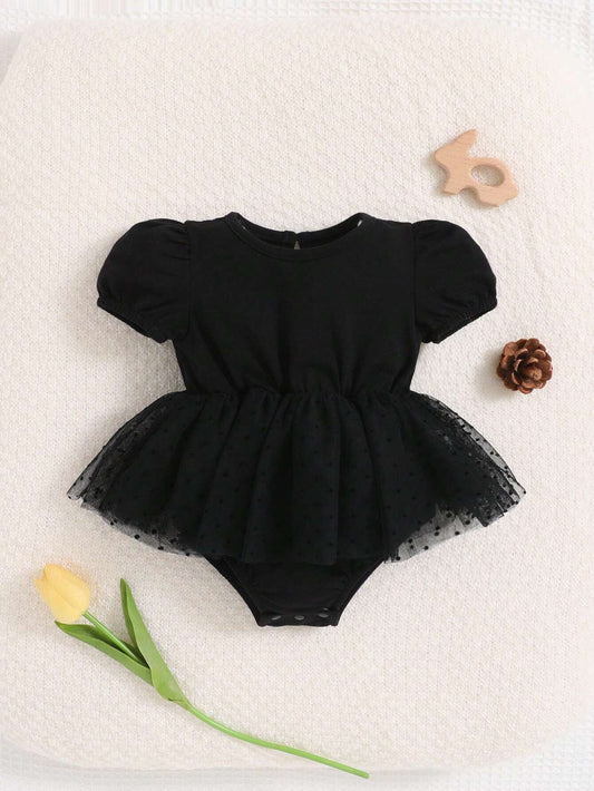 Baby Girl Solid Color Bubble Sleeve Mesh Ruffle Trim Bodysuit