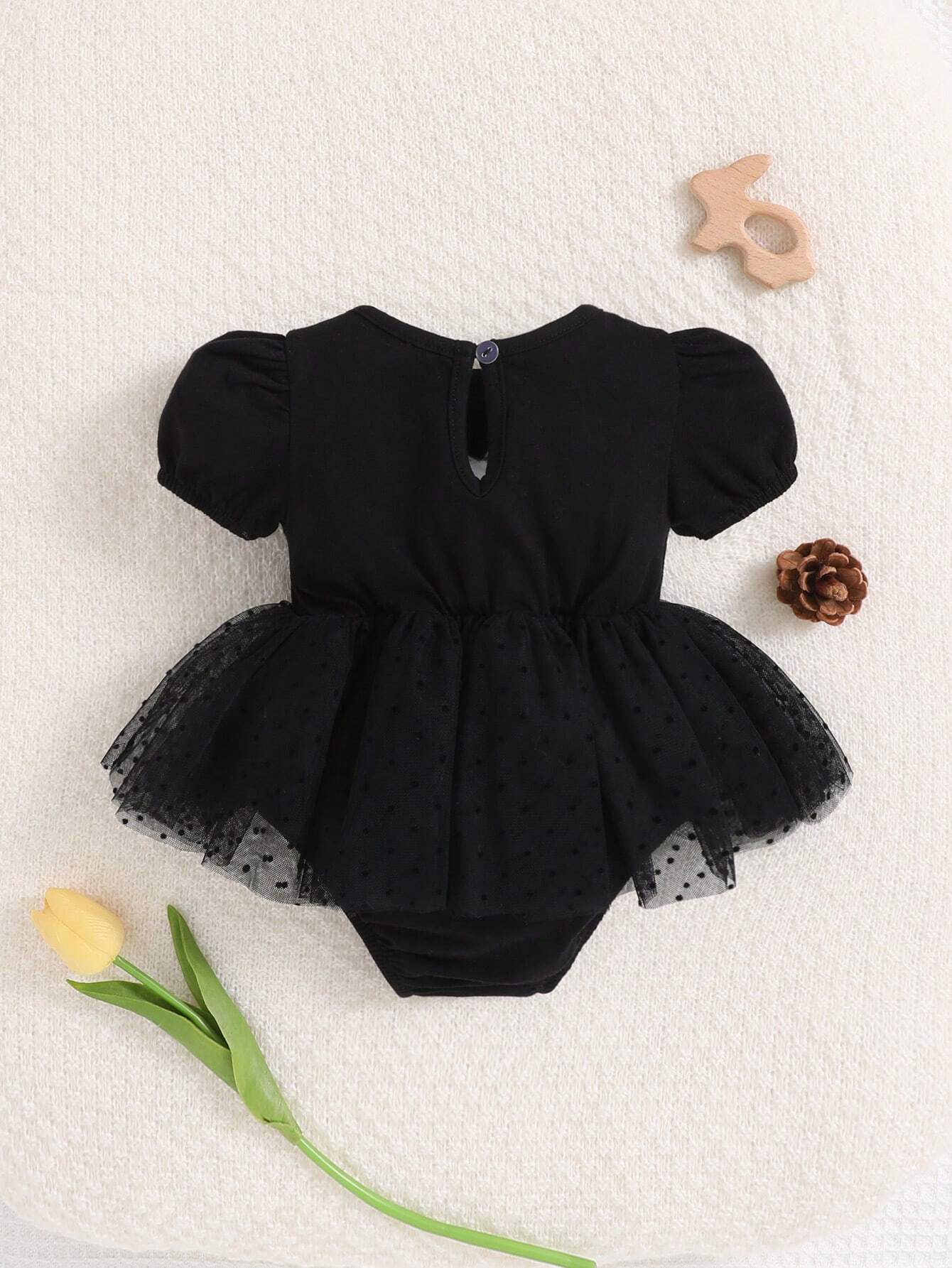 Baby Girl Solid Color Bubble Sleeve Mesh Ruffle Trim Bodysuit
