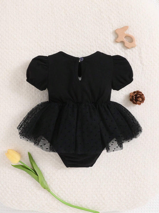 Baby Girl Solid Color Bubble Sleeve Mesh Ruffle Trim Bodysuit