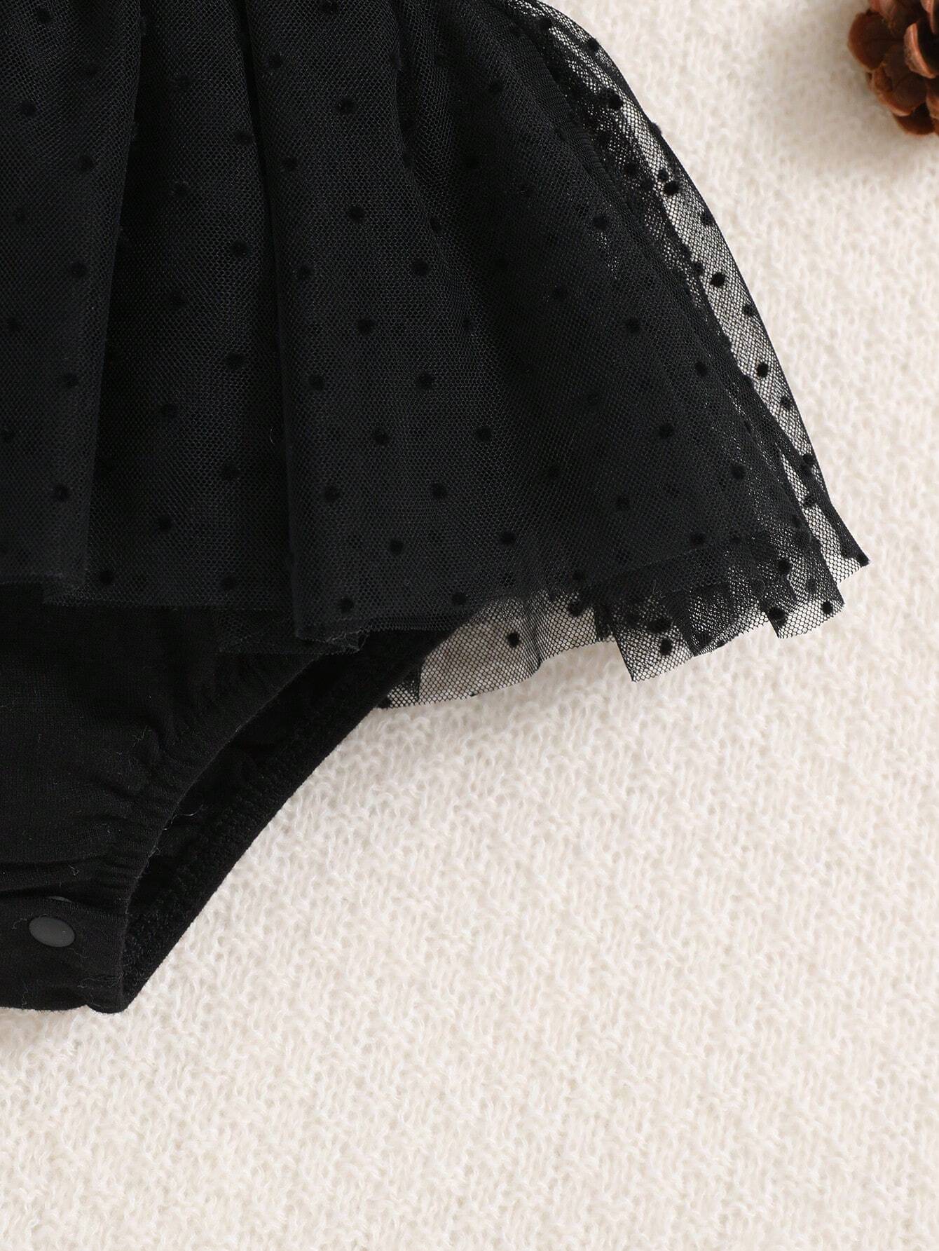Baby Girl Solid Color Bubble Sleeve Mesh Ruffle Trim Bodysuit