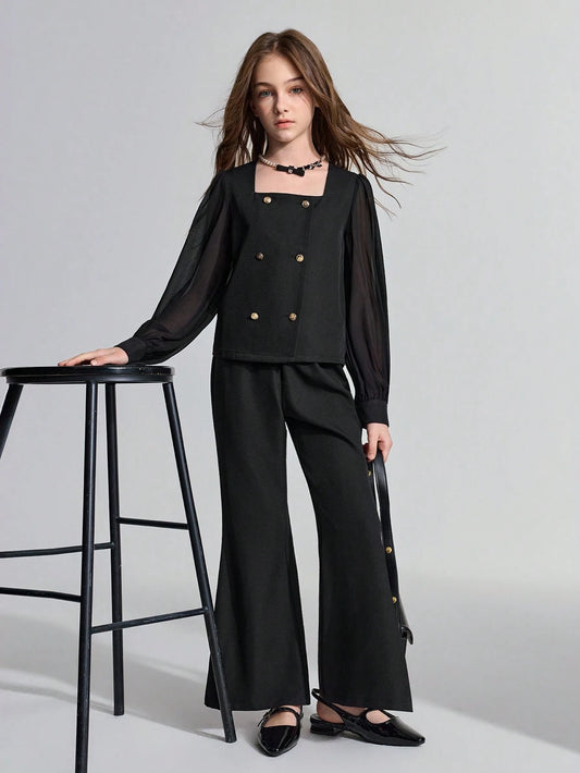 Tween Girl Woven Patchwork Chiffon Double-Breasted Shirt & Flare Pants Set