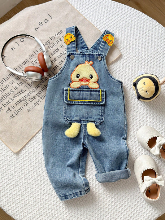 Baby Boys Vintage Casual Denim Overalls With Cute Duck Print, Loose Fit Bib Pants