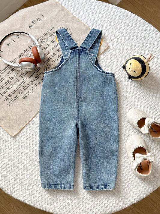 Baby Boys Vintage Casual Denim Overalls With Cute Duck Print, Loose Fit Bib Pants