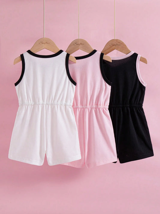 Mummy & Mee, Solid Bow Print Contrast Binding Sleeveless Round Neck Squishy Soft Thick Romper Jumpsuit Shorts One Piece Outfits Sets