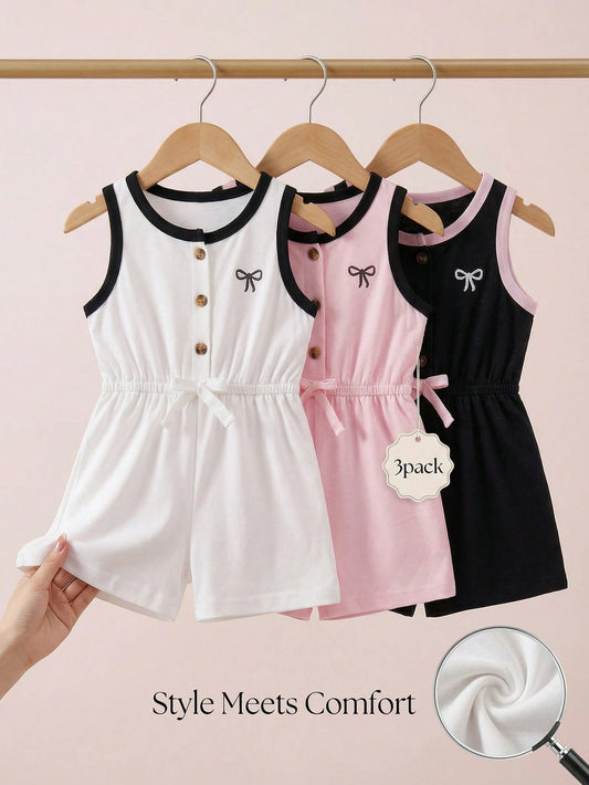 Mummy & Mee, Solid Bow Print Contrast Binding Sleeveless Round Neck Squishy Soft Thick Romper Jumpsuit Shorts One Piece Outfits Sets