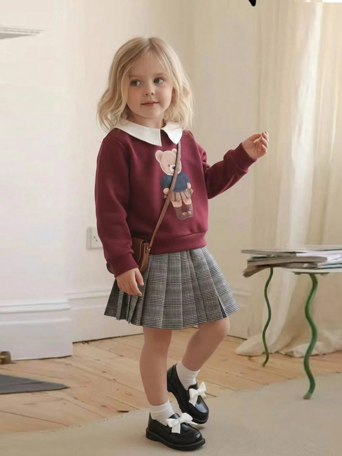 2 In 1 Shirt Collar Cute Print Sweatshirt With Vintage Plaid Pleated Hem Skirt Set