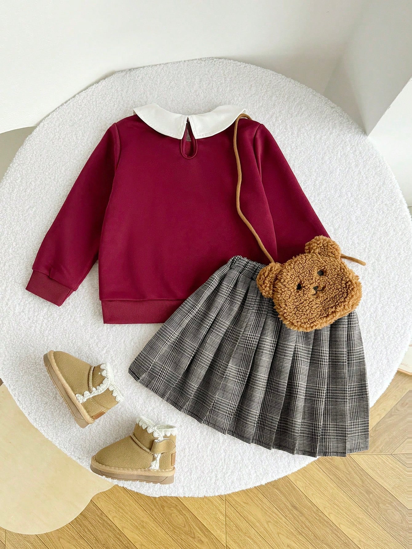 2 In 1 Shirt Collar Cute Print Sweatshirt With Vintage Plaid Pleated Hem Skirt Set