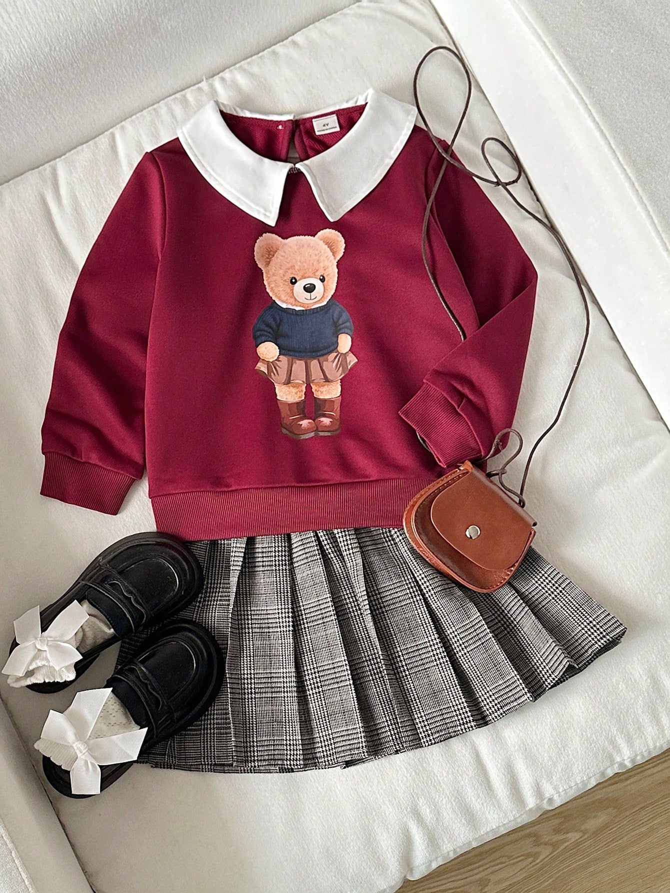 2 In 1 Shirt Collar Cute Print Sweatshirt With Vintage Plaid Pleated Hem Skirt Set