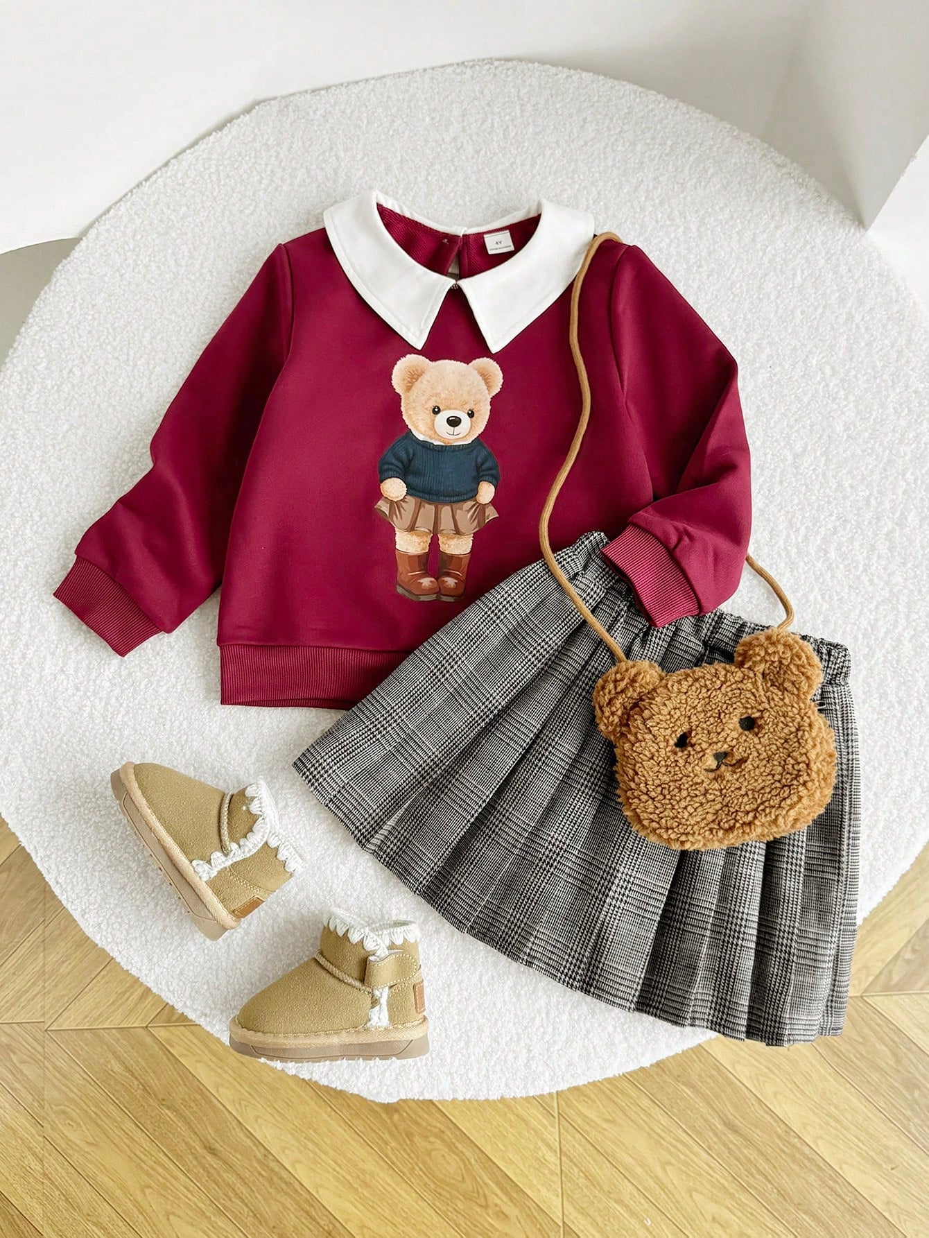 2 In 1 Shirt Collar Cute Print Sweatshirt With Vintage Plaid Pleated Hem Skirt Set