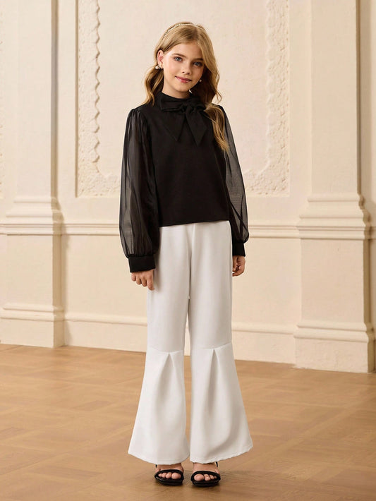 Elegant Cute Black Long Sleeve Top With Bow, Soft Tulle Lantern Sleeve, White Flared Pants Black