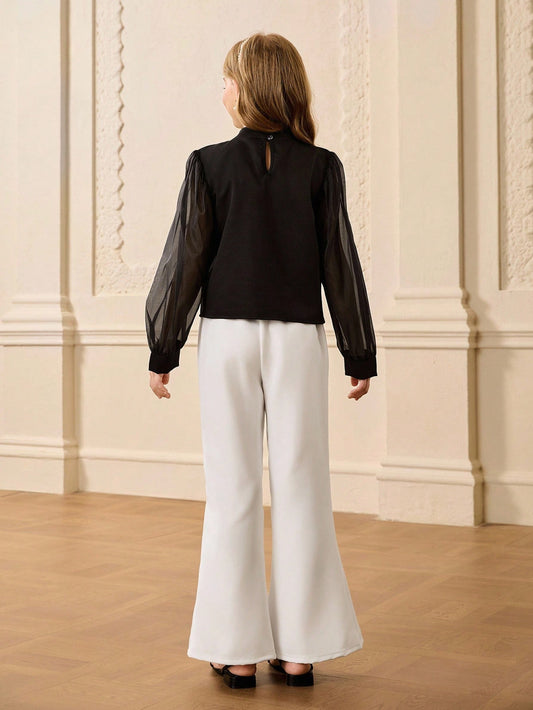 Elegant Cute Black Long Sleeve Top With Bow, Soft Tulle Lantern Sleeve, White Flared Pants