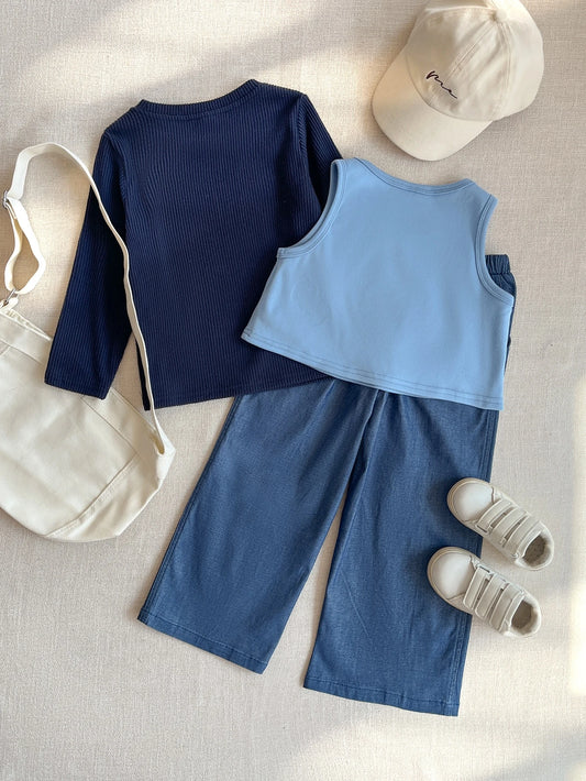 PrepCrw 3pcs Girls Navy Blue Long Sleeve Knit Top,Blue Vest And Pants Set
