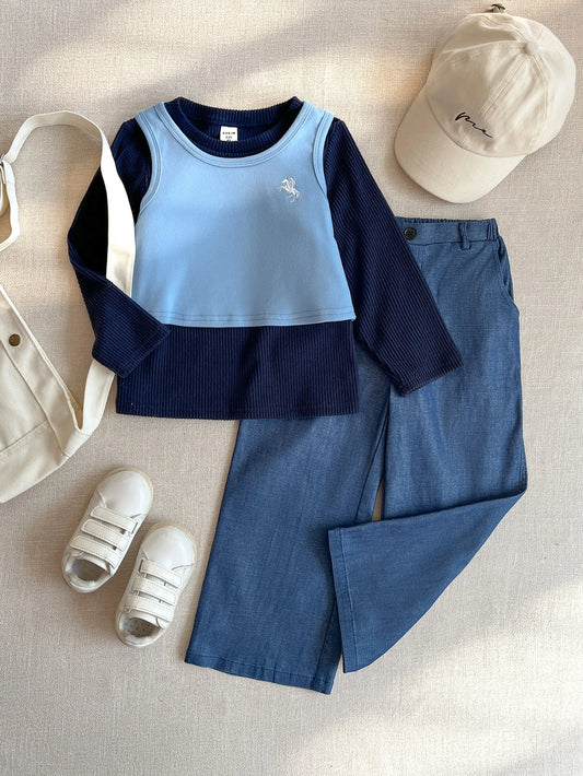 PrepCrw 3pcs Girls Navy Blue Long Sleeve Knit Top,Blue Vest And Pants Set