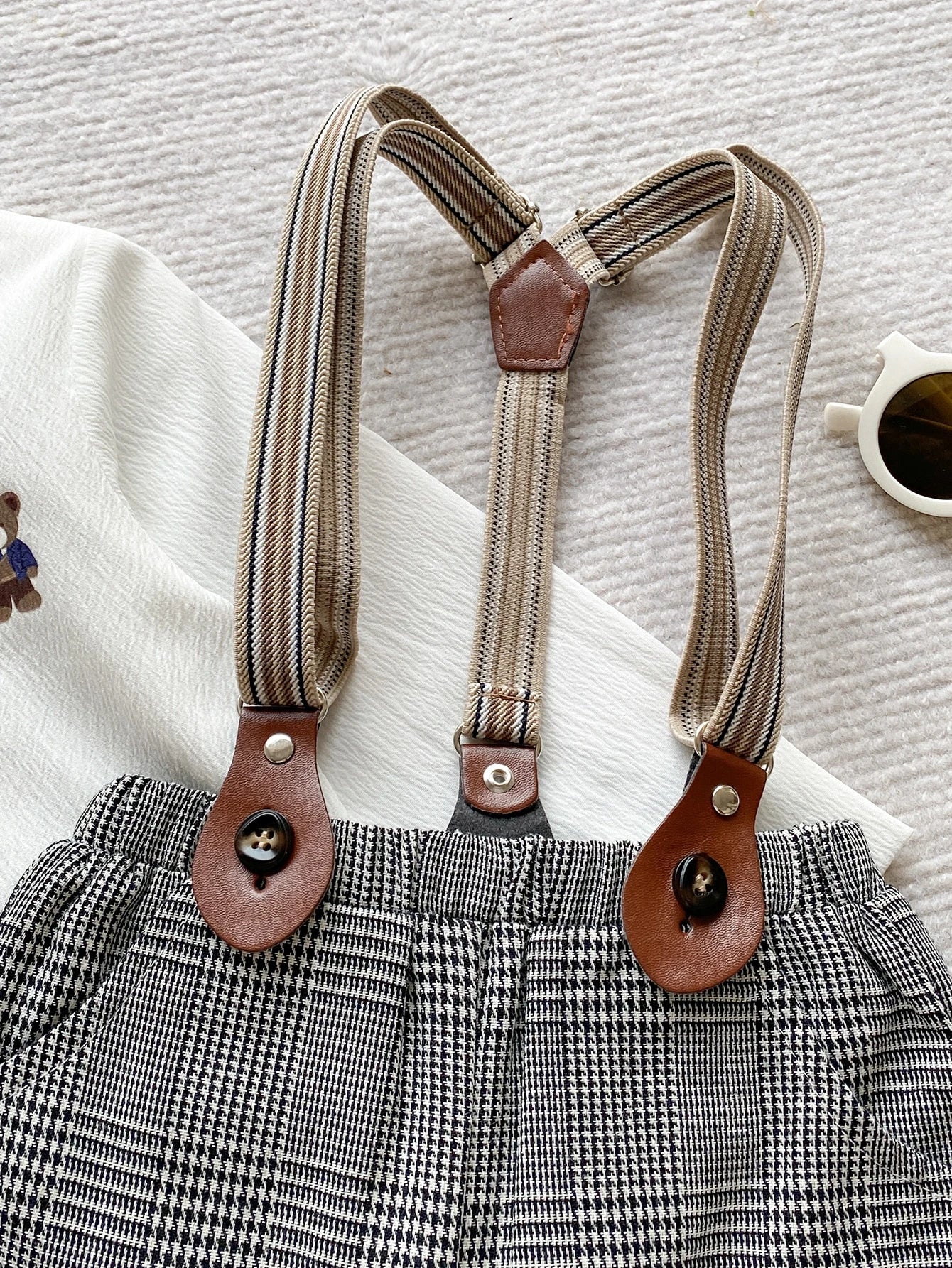 Baby Boy Embroidered Button Romper With Plaid Suspenders Pants