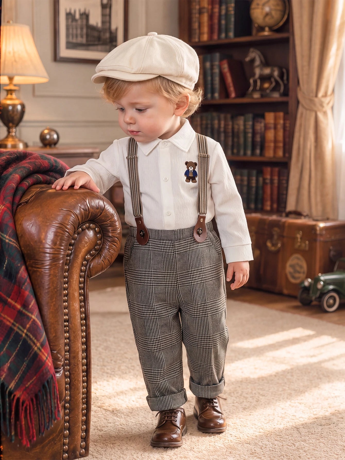 Baby Boy Embroidered Button Romper With Plaid Suspenders Pants