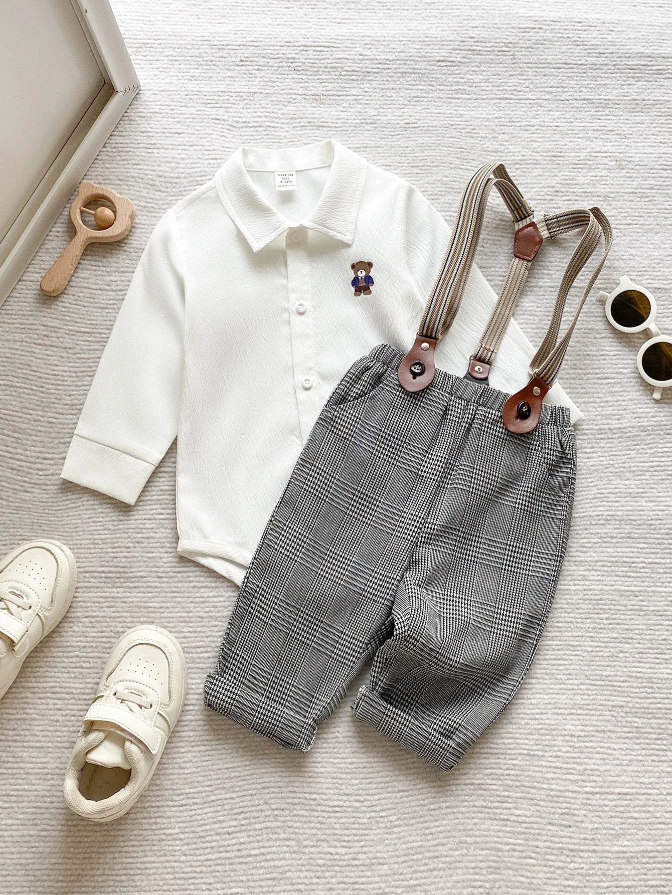 Baby Boy Embroidered Button Romper With Plaid Suspenders Pants