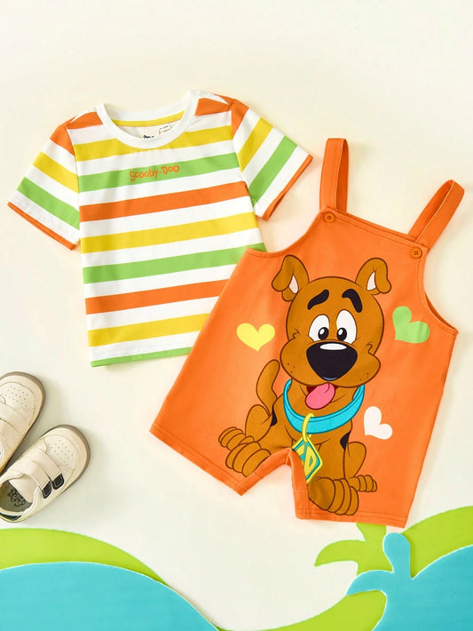 Baby Boy Colorful Striped Cute Casual Short Sleeve T-Shirt And Cartoon Pattern Playful Bib Overalls