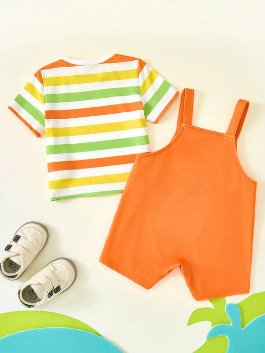 Baby Boy Colorful Striped Cute Casual Short Sleeve T-Shirt And Cartoon Pattern Playful Bib Overalls
