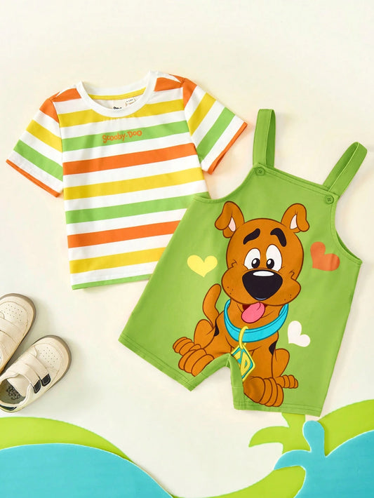 Baby Boy Colorful Striped Short Sleeve T-Shirt And Cartoon Print Bib Pants Set Green