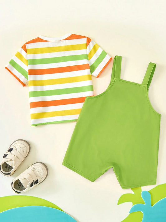 Baby Boy Colorful Striped Short Sleeve T-Shirt And Cartoon Print Bib Pants Set