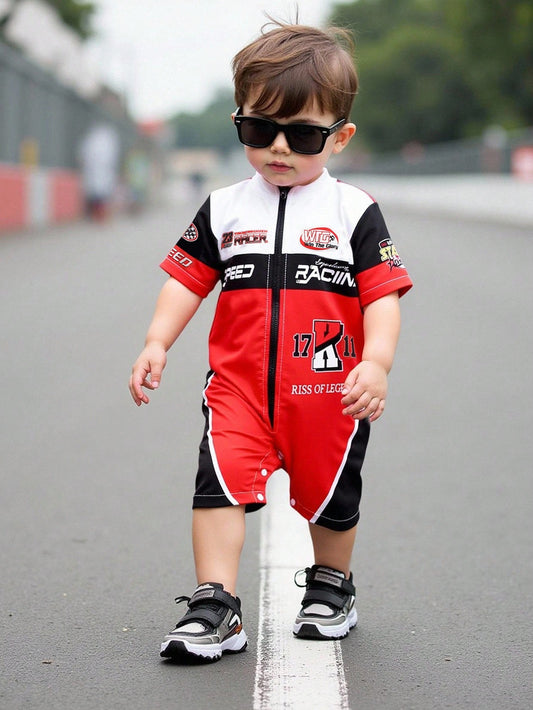 Boys' Fashion Racing Car Service Letter Badge Digital Print Contrast Color Design Zipper Closure
