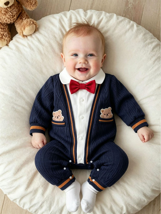 1pc Baby Boy Jumpsuit Romper Bow Tie Bear Lapel Outfit