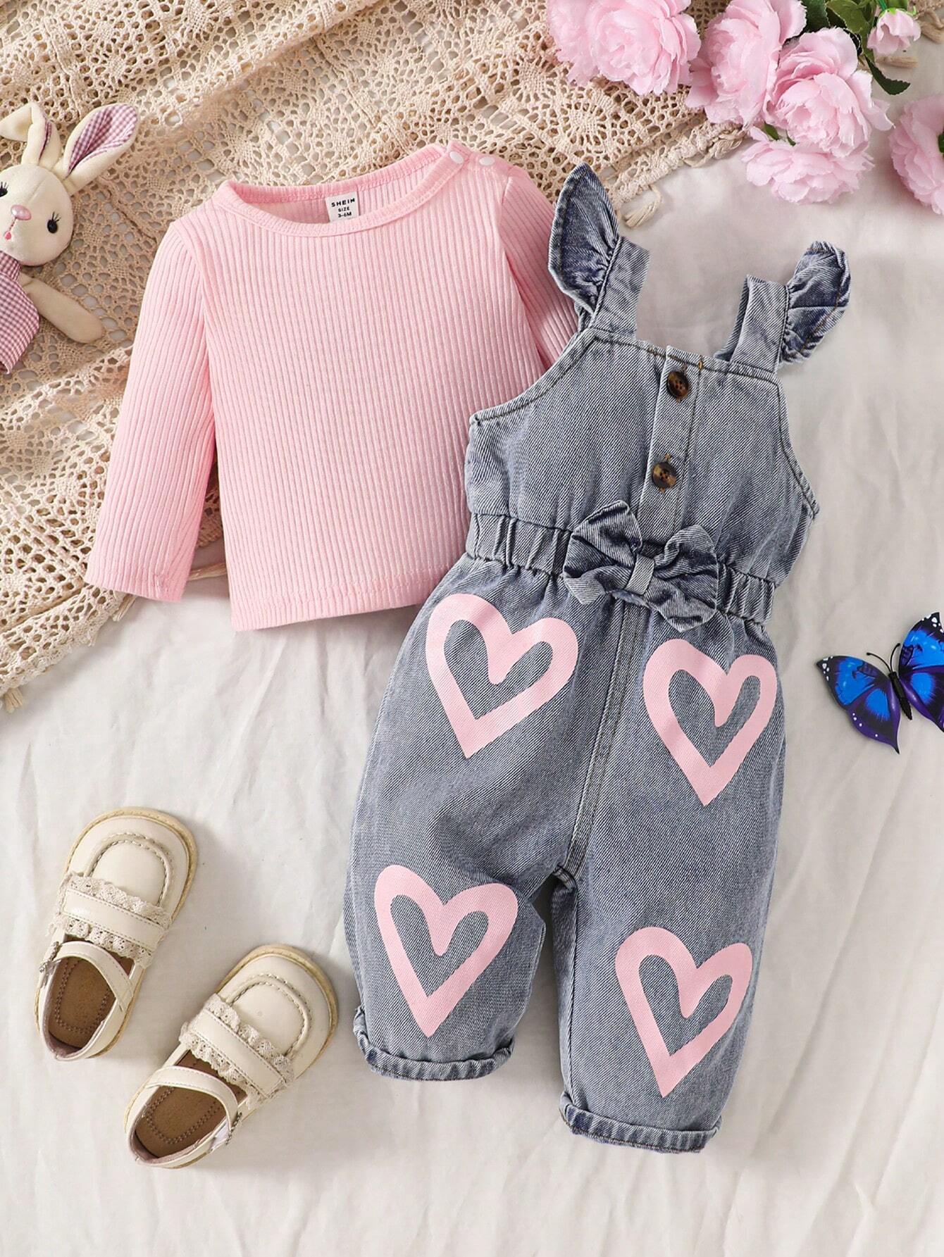 Baby Girl Round Neck Solid Color Casual Long Sleeve Top And Heart Pattern Bowknot & Ruffle Trim Overalls Set Pink