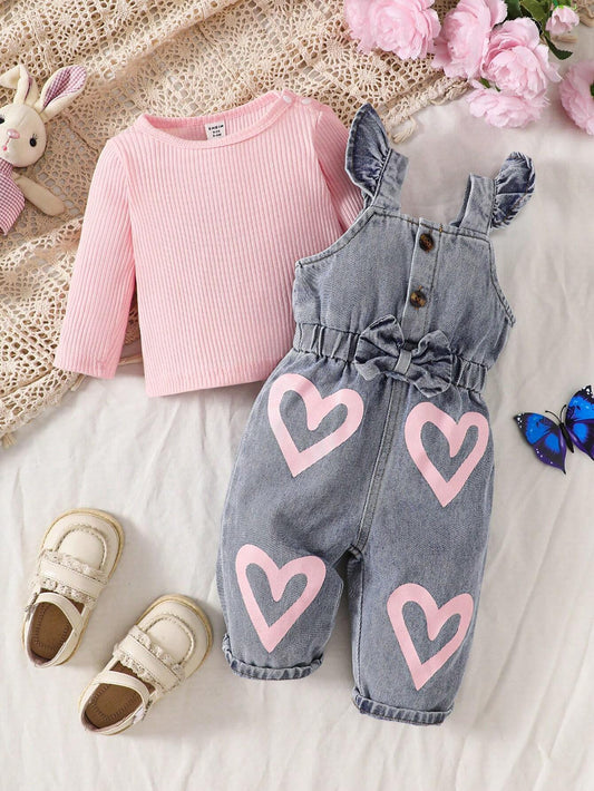 Baby Girl Round Neck Solid Color Casual Long Sleeve Top And Heart Pattern Bowknot & Ruffle Trim Overalls Set Pink