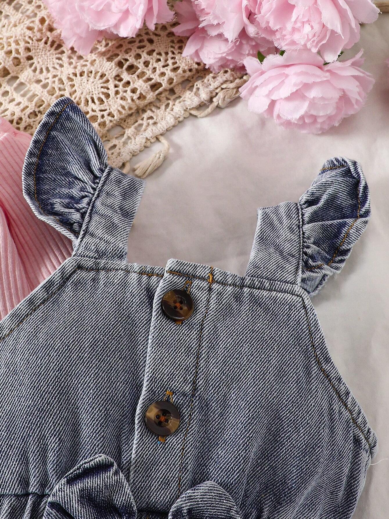 Baby Girl Round Neck Solid Color Casual Long Sleeve Top And Heart Pattern Bowknot & Ruffle Trim Overalls Set